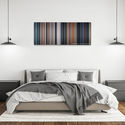 Conspiracy Theory color palette canvas above a bed, between two black pendant lamps