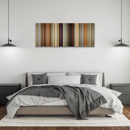 American Hustle color palette canvas above a bed, between two black pendant lamps