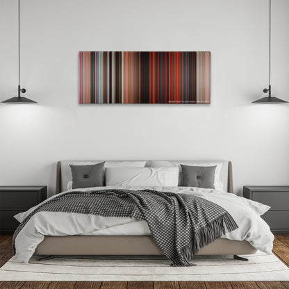 Indiana Jones and the Temple of Doom color palette canvas above a bed, between two black pendant lamps