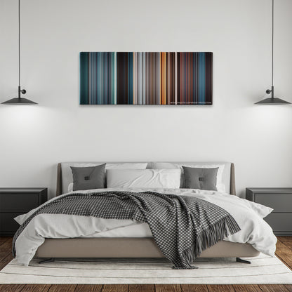Mission: Impossible - Ghost Protocol color palette canvas above a bed, between two black pendant lamps