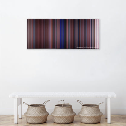 Vanilla Sky color palette canvas above a white bench with three woven baskets