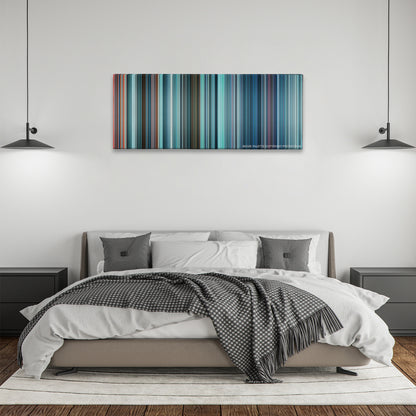 Star Trek Into Darkness color palette canvas above a bed, between two black pendant lamps