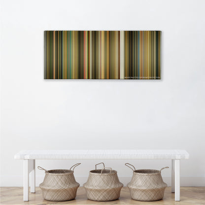 The Fall color palette canvas above a white bench with three woven baskets