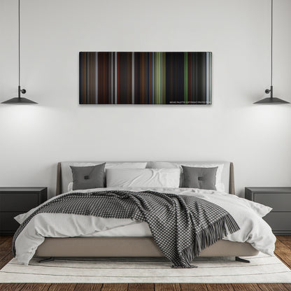 Pirates of the Caribbean: On Stranger Tides color palette canvas above a bed, between two black pendant lamps
