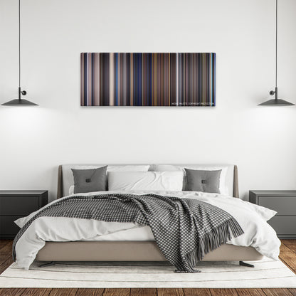 The Core color palette canvas above a bed, between two black pendant lamps