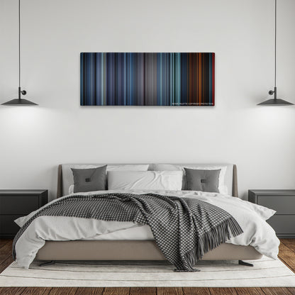 Fury color palette canvas above a bed, between two black pendant lamps