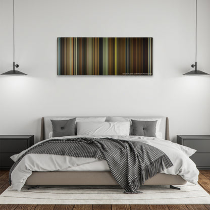 Split color palette canvas above a bed, between two black pendant lamps