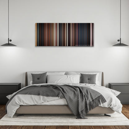 The Wolverine color palette canvas above a bed, between two black pendant lamps