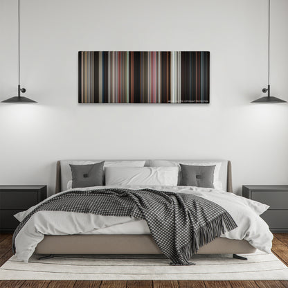 Lethal Weapon color palette canvas above a bed, between two black pendant lamps