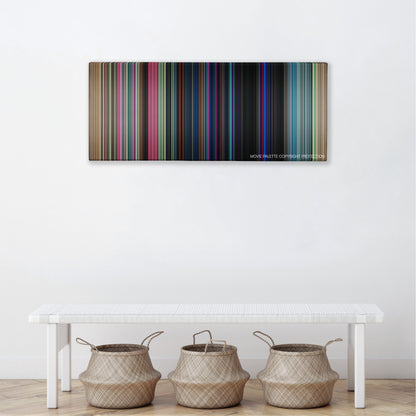 Good Time color palette canvas above a white bench with three woven baskets