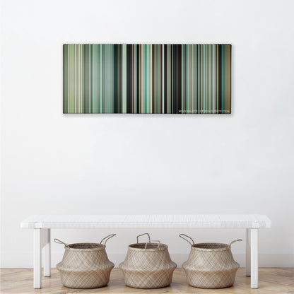 Dunkirk color palette canvas above a white bench with three woven baskets