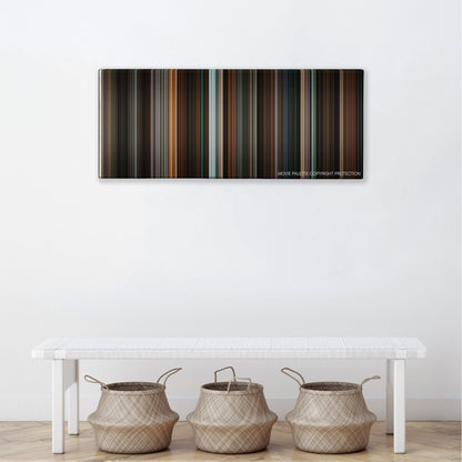 Fifty Shades Darker color palette canvas above a white bench with three woven baskets