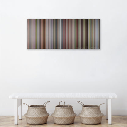 A Simple Favor color palette canvas above a white bench with three woven baskets
