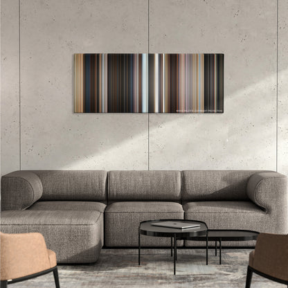 The Adventures of Tintin color palette canvas on a concrete wall above a gray sectional sofa