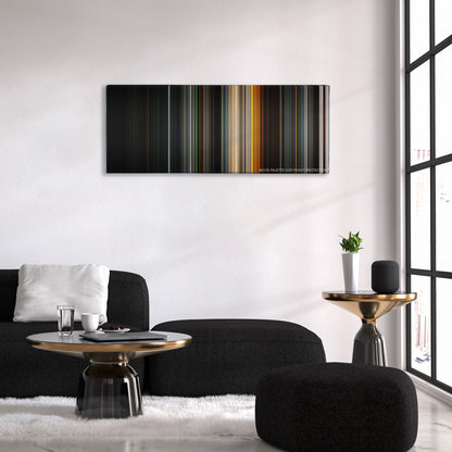 Snowpiercer color palette canvas above a black sofa with a gold-topped table