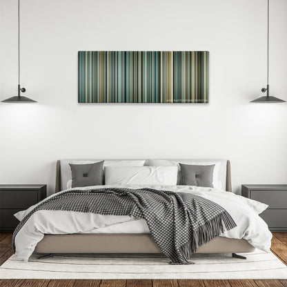 A Prophet color palette canvas above a bed, between two black pendant lamps