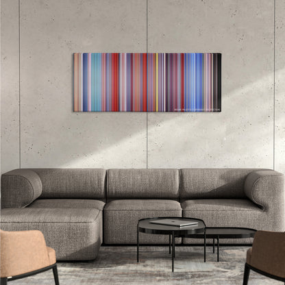 Austin Powers: The Spy Who Shagged Me color palette canvas on a concrete wall above a gray sectional sofa