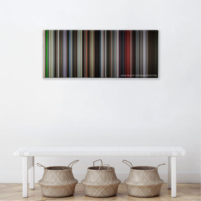 Paris, Texas color palette canvas above a white bench with three woven baskets