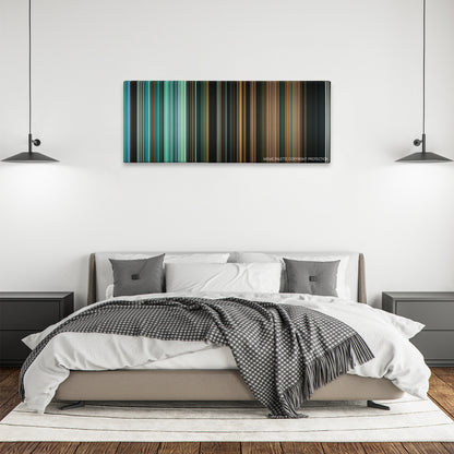 Splice color palette canvas above a bed, between two black pendant lamps