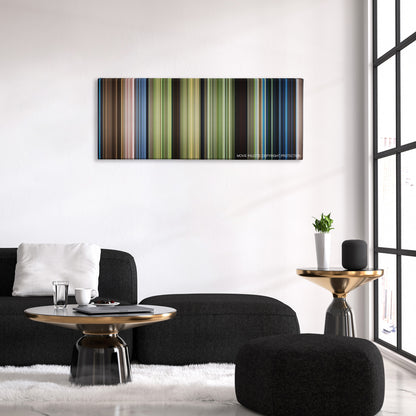 Journey 2: The Mysterious Island color palette canvas above a black sofa with a gold-topped table