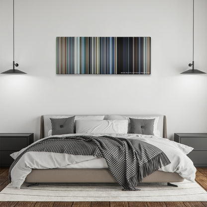 War of the Worlds color palette canvas above a bed, between two black pendant lamps