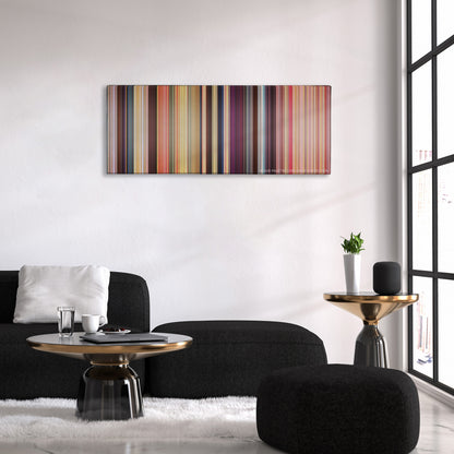 The Waterboy color palette canvas above a black sofa with a gold-topped table