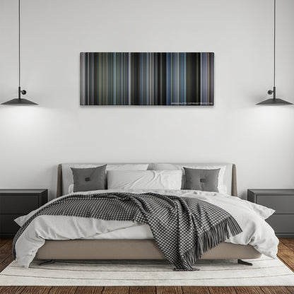 Mystic River color palette canvas above a bed, between two black pendant lamps