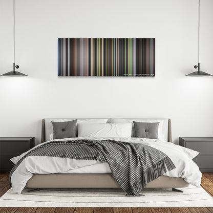 The Cider House Rules color palette canvas above a bed, between two black pendant lamps