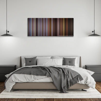 Training Day color palette canvas above a bed, between two black pendant lamps