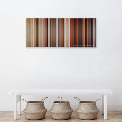 Intolerable Cruelty color palette canvas above a white bench with three woven baskets