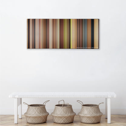 Just Go with It color palette canvas above a white bench with three woven baskets