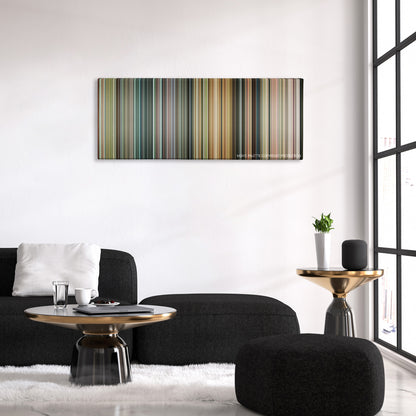 The Brothers Grimsby color palette canvas above a black sofa with a gold-topped table