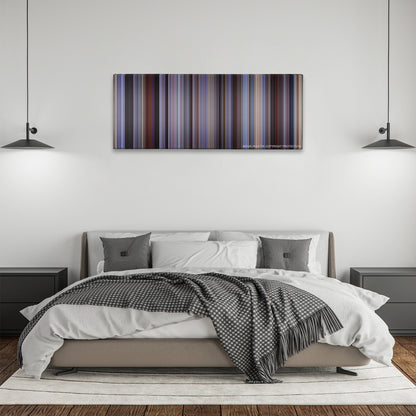 The 40-Year-Old Virgin color palette canvas above a bed, between two black pendant lamps