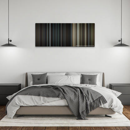 The Da Vinci Code color palette canvas above a bed, between two black pendant lamps