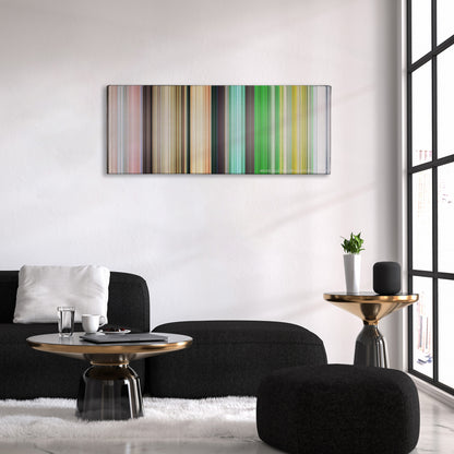 House of Flying Daggers color palette canvas above a black sofa with a gold-topped table