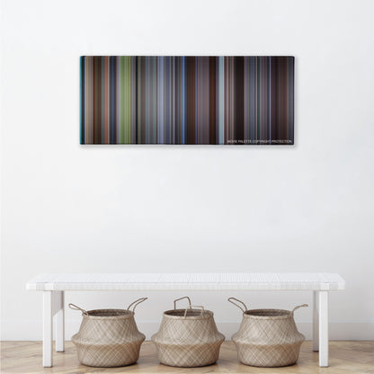 About a Boy color palette canvas above a white bench with three woven baskets