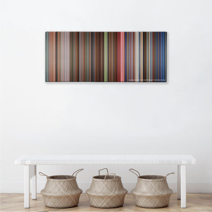 The Shining color palette canvas above a white bench with three woven baskets