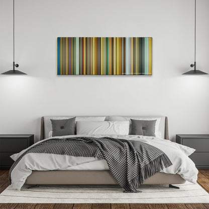 The Theory of Everything color palette canvas above a bed, between two black pendant lamps