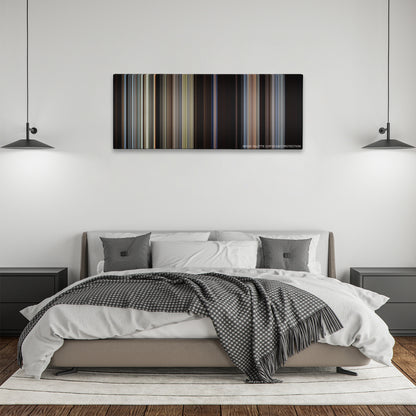 Unforgiven color palette canvas above a bed, between two black pendant lamps