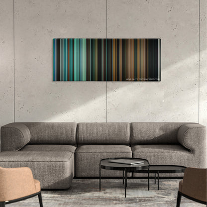 Splice color palette canvas on a concrete wall above a gray sectional sofa