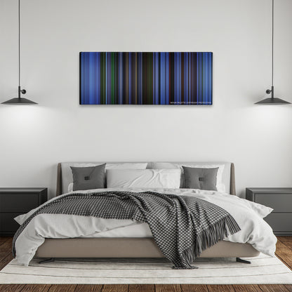 Saw color palette canvas above a bed, between two black pendant lamps