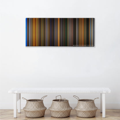 Gattaca color palette canvas above a white bench with three woven baskets