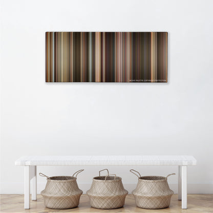 Last Vegas color palette canvas above a white bench with three woven baskets