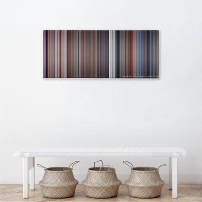 Death Becomes Her color palette canvas above a white bench with three woven baskets