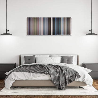 For Your Eyes Only color palette canvas above a bed, between two black pendant lamps