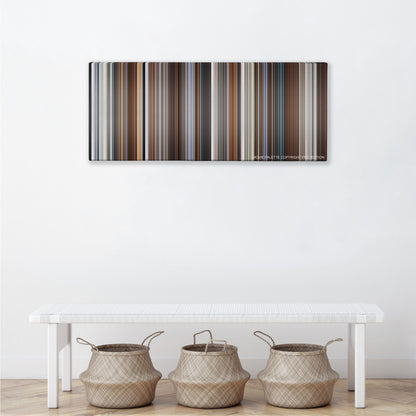Joy color palette canvas above a white bench with three woven baskets