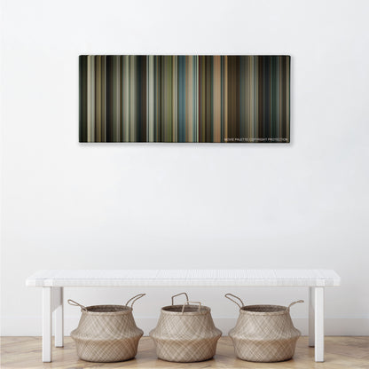 Black Mass color palette canvas above a white bench with three woven baskets