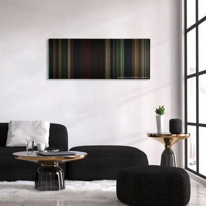 The Last of the Mohicans color palette canvas above a black sofa with a gold-topped table