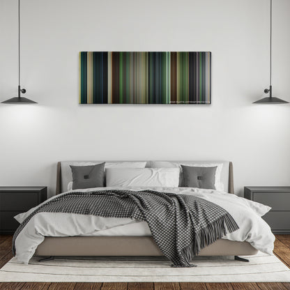 Platoon color palette canvas above a bed, between two black pendant lamps