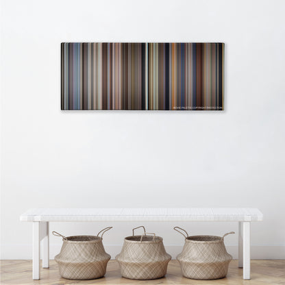 City of Angels color palette canvas above a white bench with three woven baskets